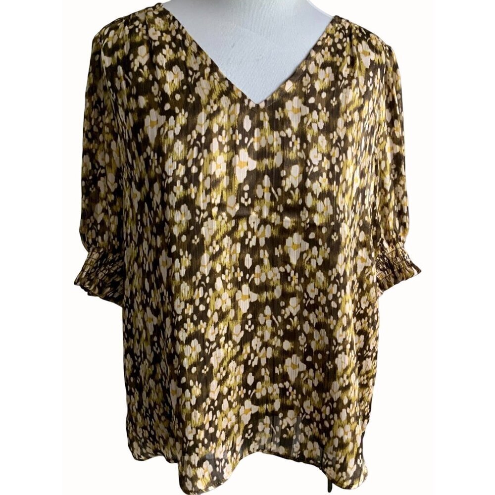 Rachel Zoe Brown Gold Metallic Abstract VNeck Lined Blouse Quarter Sleeves Large